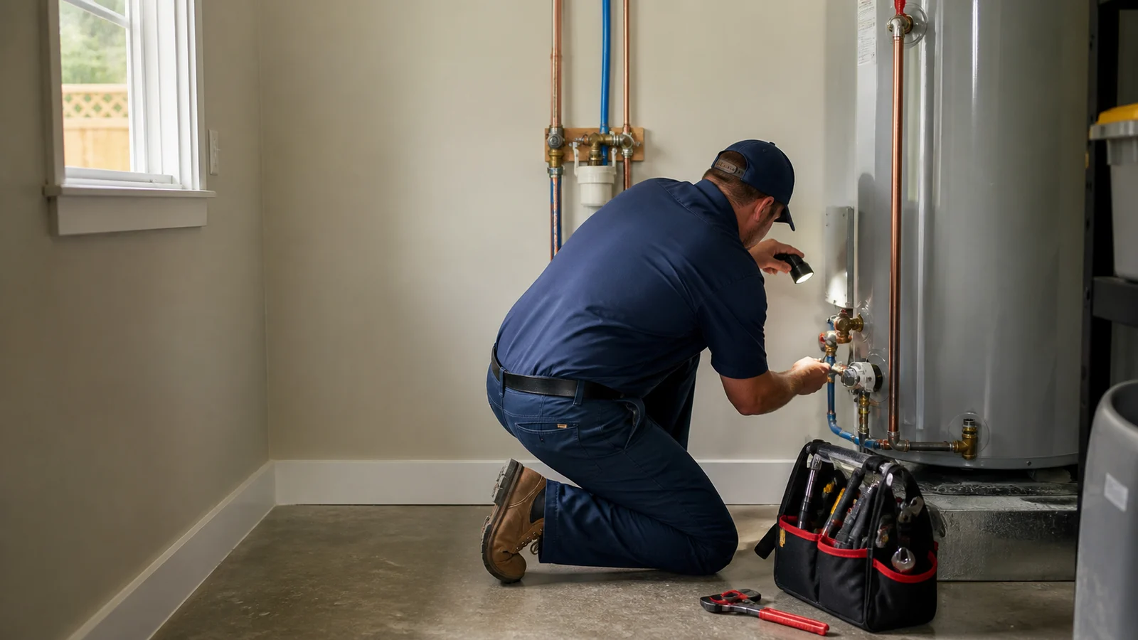 Plumber inspecting a residential water heater connection in a clean utility room